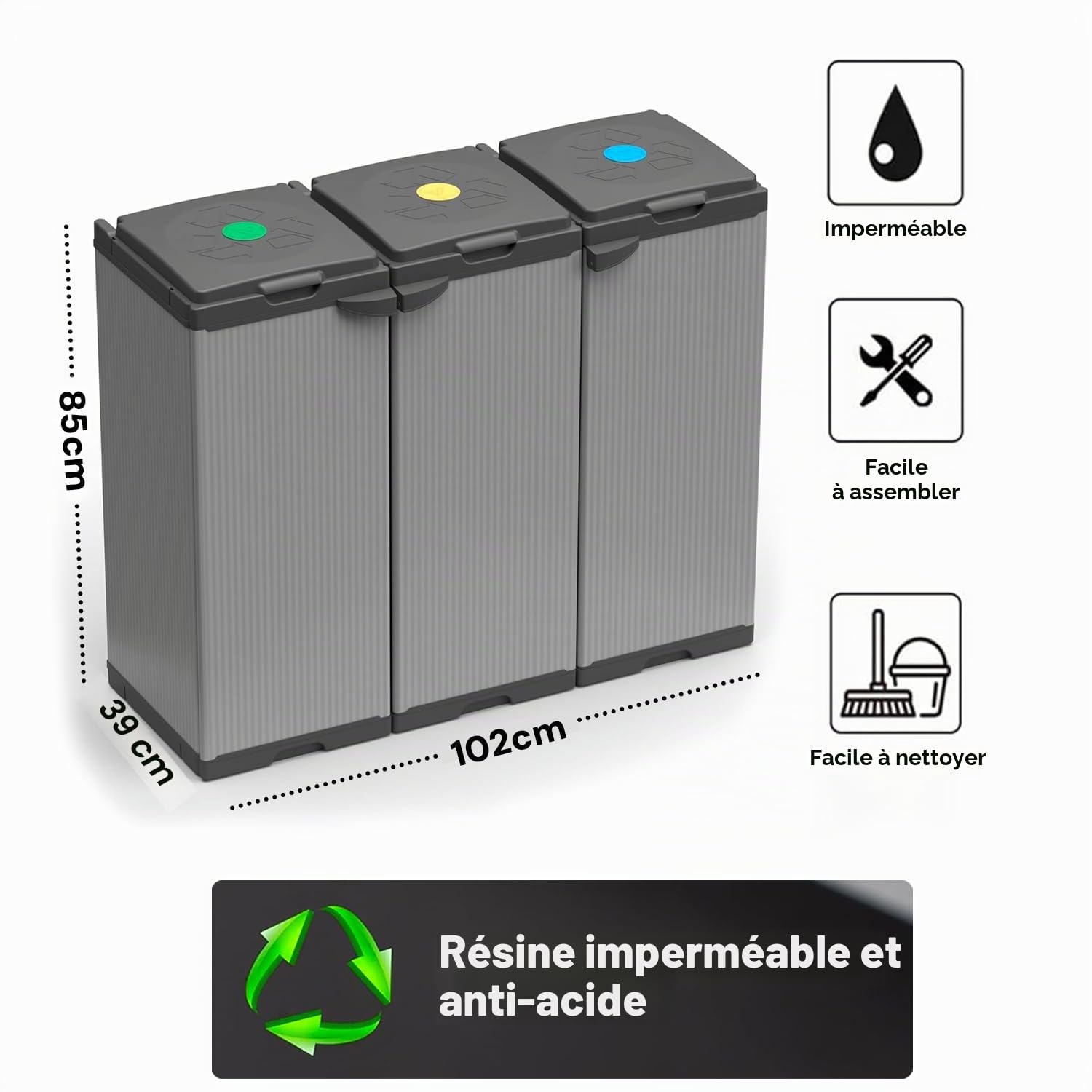 Avilia Meuble poubelle pour collecte différenciée – Tris bacs à ordures, 80 – 110 l, 102 x 39,5 x 85 cm