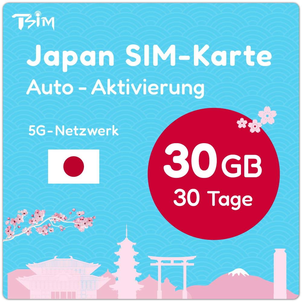 Japan SIM-Karte 30 Tage 30GB | Automatische Aktivierung | 5G-Netzwerk mit Tethering/Hotspot/Internetfreigabe