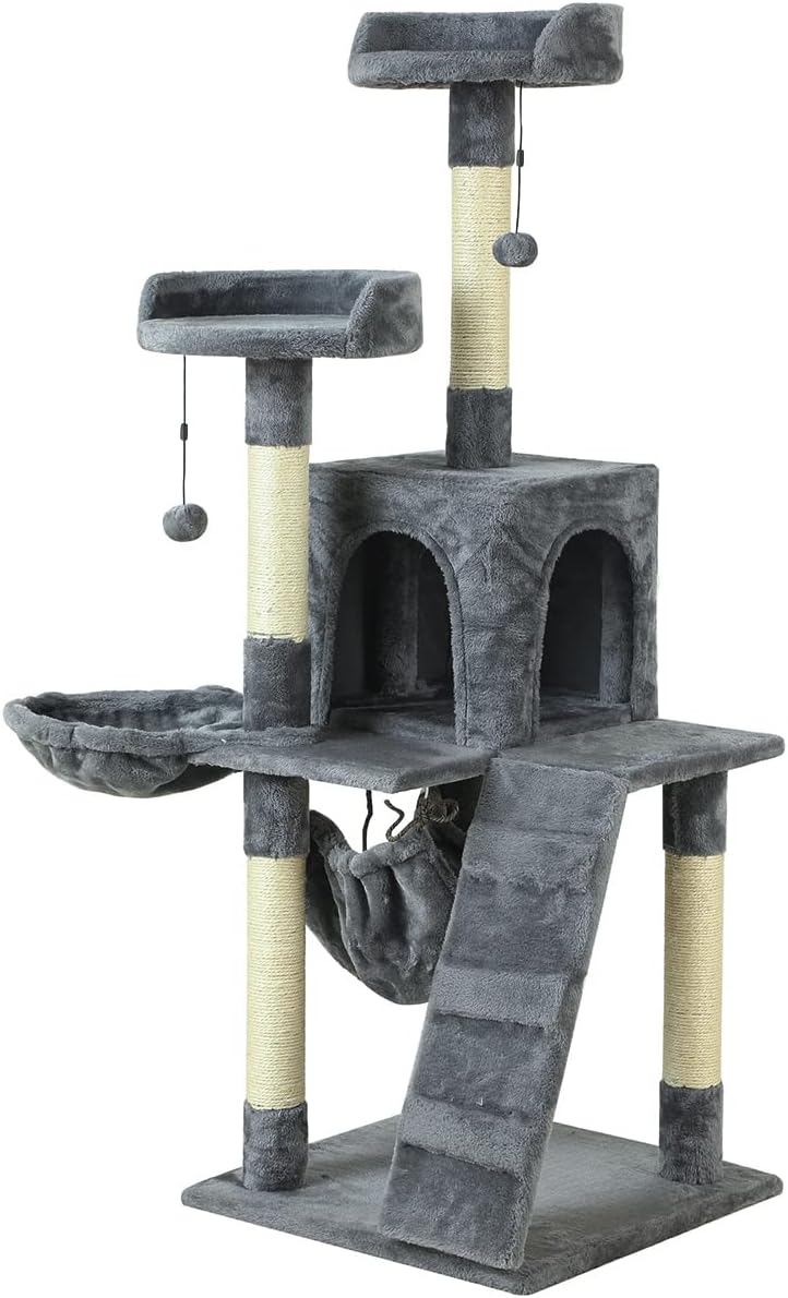 KZLAA 54in Cat Tree Cat Tower Condo Furniture Scratch Post with Natural Sisal Rope, Hammock & Cradle for Cats Kittens, Tall Cat Climbing…