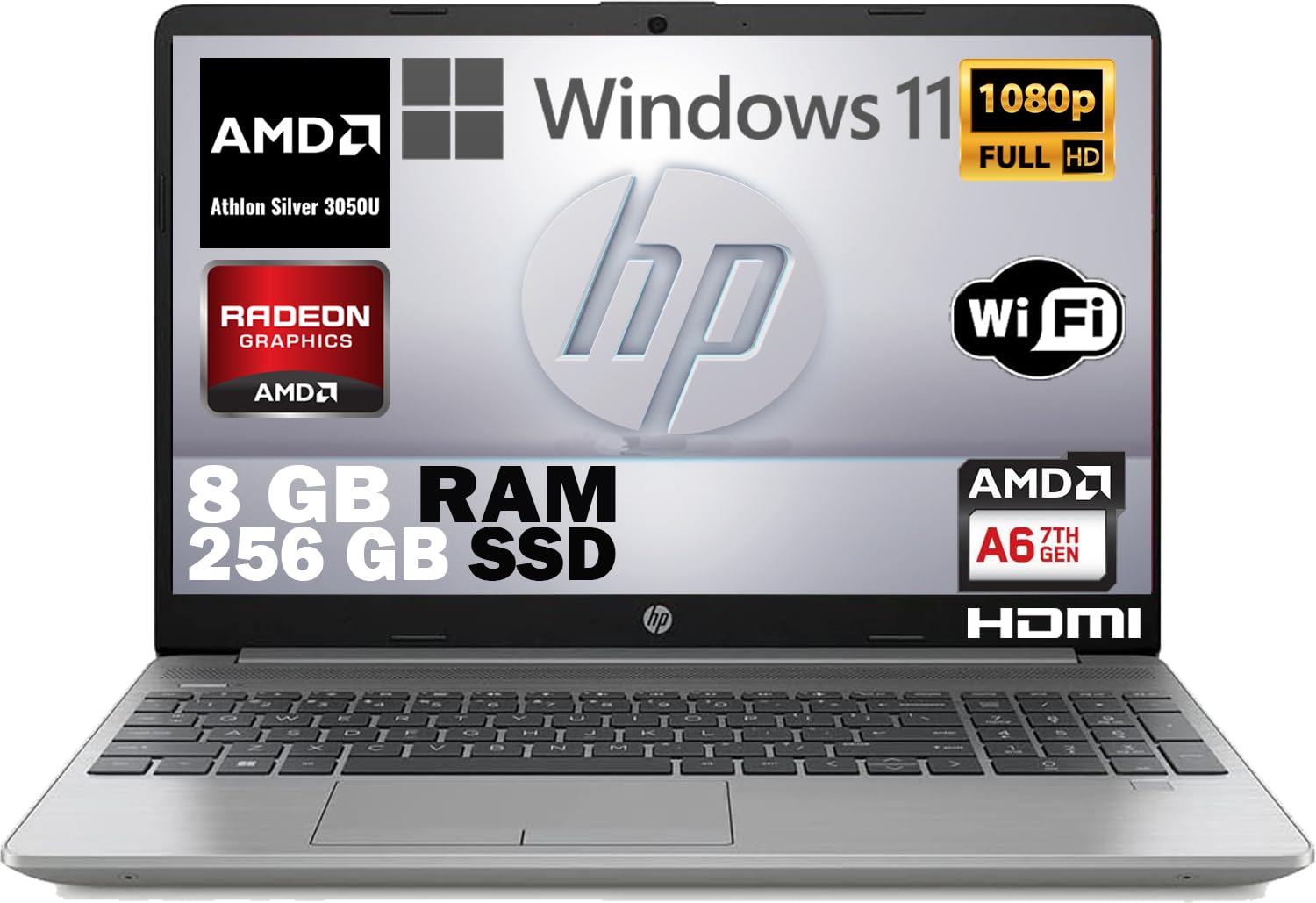 HP 255 G9, ANTEPRIMA 2024 Pc Computer portatile notebook, SILVER Amd 3050U A6, Ram 8 GB DDR4, SSD M2 256 Gb, Display 15.6" FHD, Win 11 Pro, Libre Office, MOUSE WIFI OMAGGIO