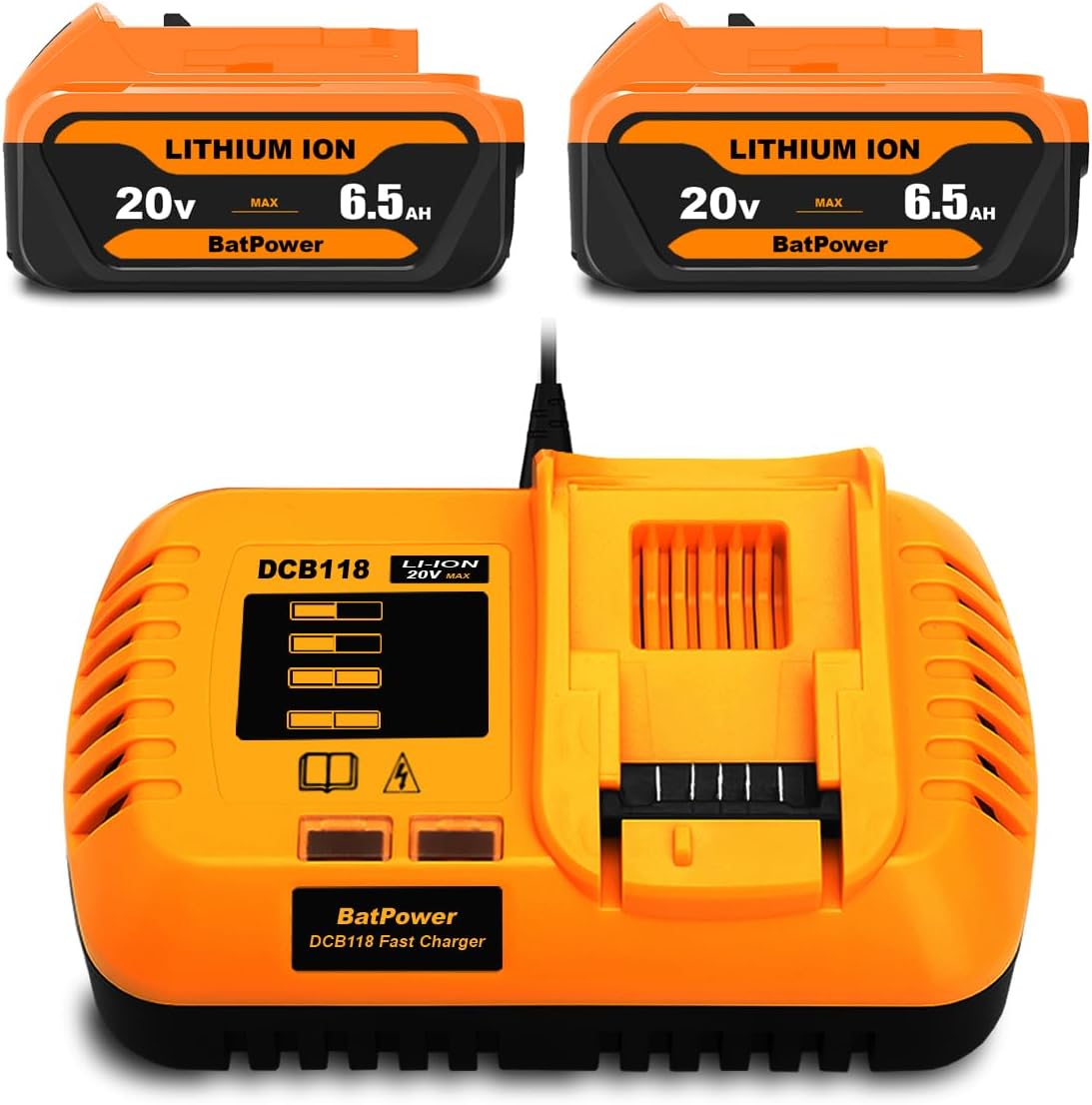 BatPower Replacement Battery and Charger Set Compatible with DeWALT 20V MAX System, (2) 6.5Ah XR High Capacity Lithium Batteries and (1) Fast Charger DCB206 DCB118 (3-Piece Kit)