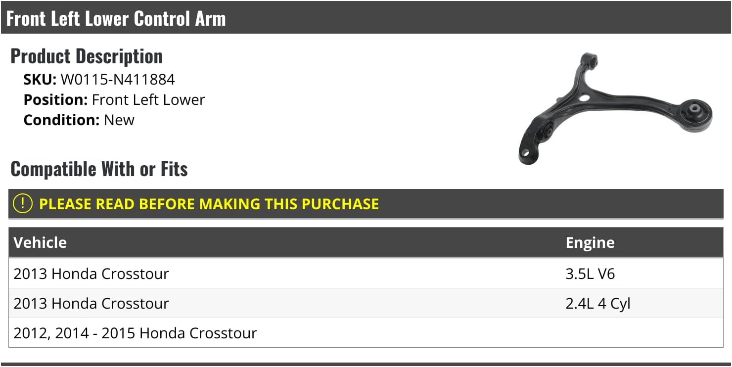 Front Left Driver Side Lower Control Arm - Compatible with 2012-2015 Honda Crosstour