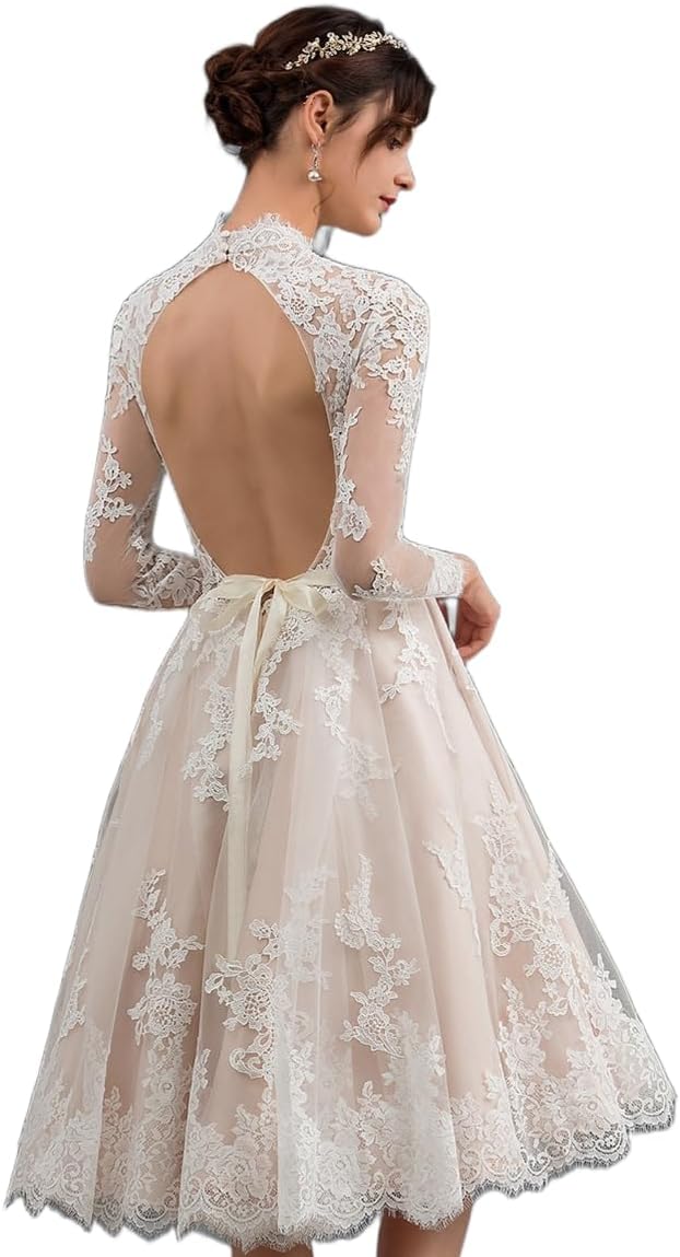 Short Wedding Dresses for Bride Boho Long Sleeve Lace Strapless Tulle Mini Tight Bridal Dress for Bride