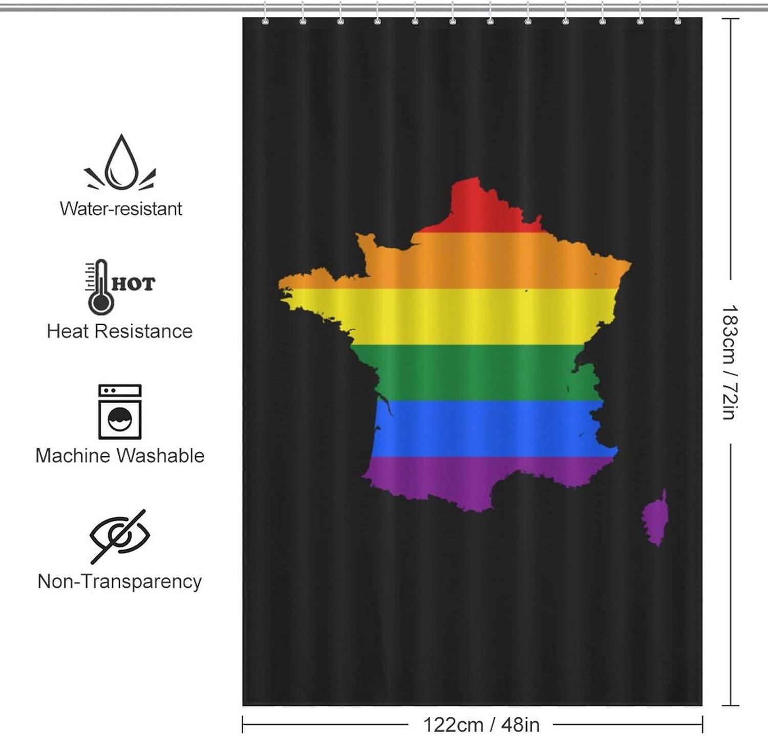 LGBT Flag Map of France Funny Shower Curtains Washable Bath Curtain Liner with Hooks for Bathroom Bath Tubs