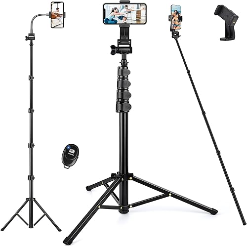Phone Tripod Stand, 74" Selfie Stick Tripod with Remote Gooseneck Phone Holder, Phone Stand Tripod for Video Recording Photo Vlog, Compatible with iPhone Plus Pro Max Cellphone Cameras