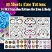 Day of the Dead Face Tattoos Skeleton - 10 Sheet Halloween Temporary Tattoos Día de Los Muertos Skeleton Sugar Skull Face Tattoo Kit, Glitter Red Roses Fake Sticker for Halloween Makeup on Face Body