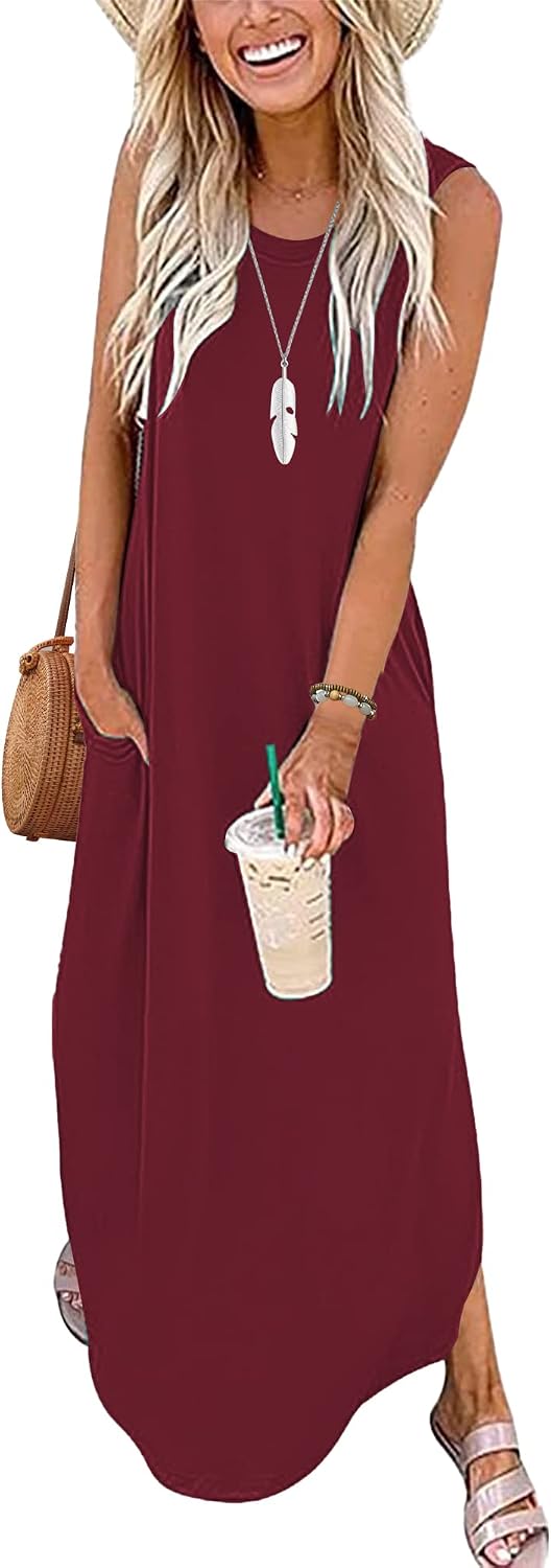 WNEEDU Women's Maxi Dresses 2026 Summer Sleeveless Dress Casual Cover up Loose Sundresses Split Tshirt Dresses with Pockets