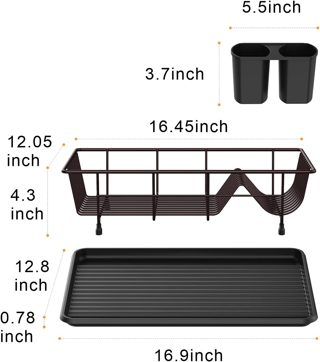Warmfill Dish Drying Rack, Small Dish Rack and Drainboard Set with Removable Utensil Holder, Non-Rust Dish Drainer for Kitchen Countertop, Bronze