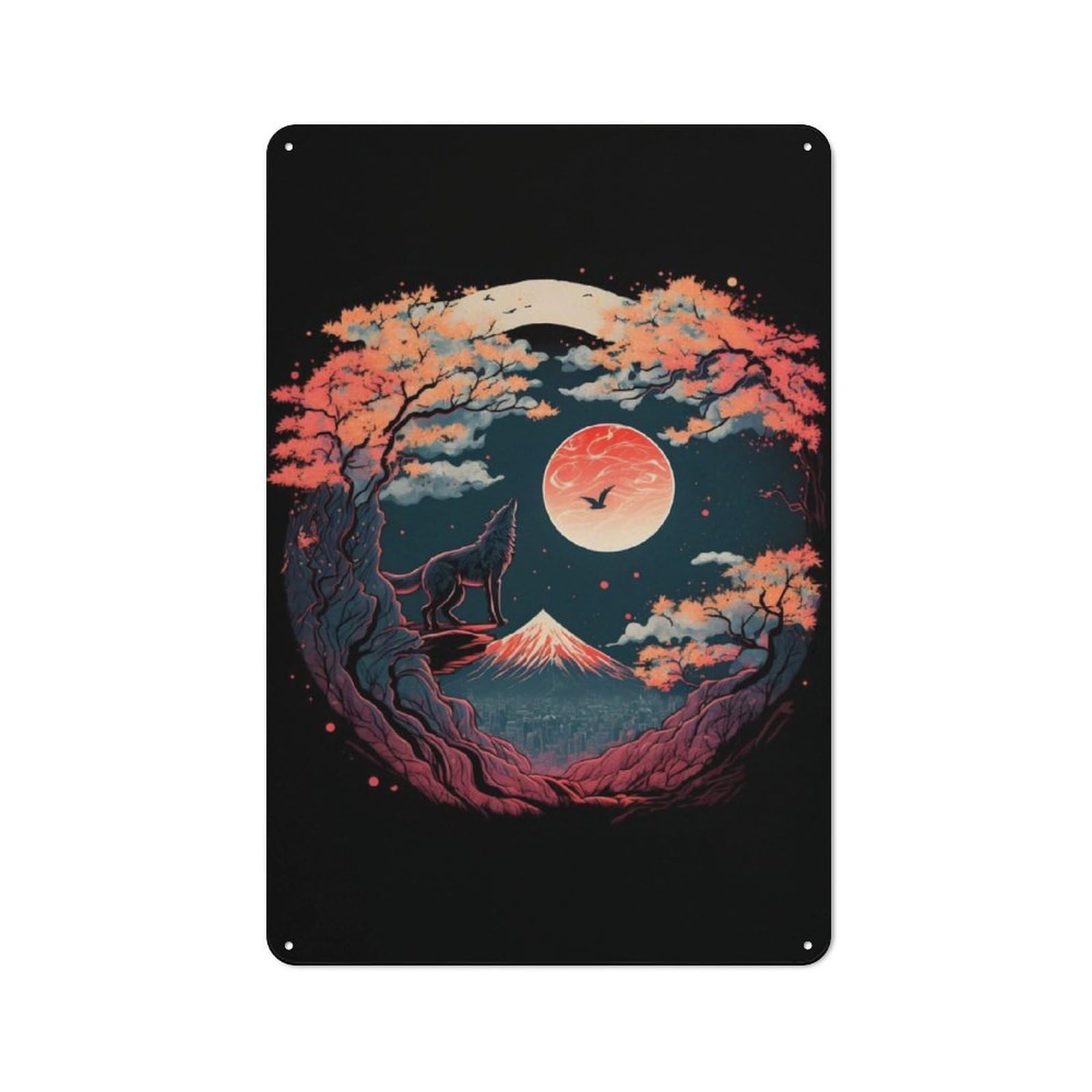 Nostalgic Decorative Tin Plaque 30x20cm Featuring Japanese Wolf Night, Classic Pub Decor for Cafe, Pub, Workshop Or Home Bar