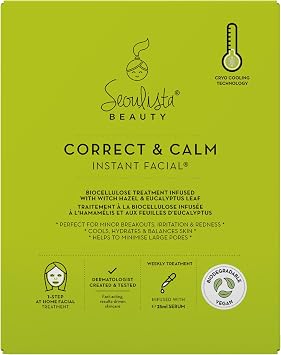 Seoulista Beauty  Correct & Calm Instant Facial  25ml | Soothing Face Sheet Mask For Oily and Combination Skin | Dermatologist Created Korean Skin Care | Infused with Witch Hazel Eucalyptus Leaf