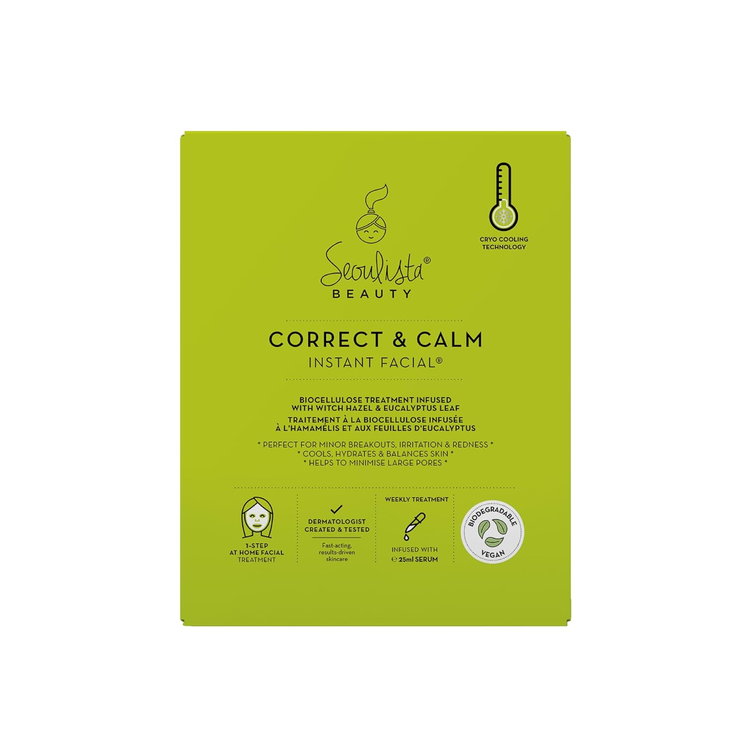 Seoulista Beauty® Correct & Calm Instant Facial™ 25ml | Soothing Face Sheet Mask For Oily and Combination Skin | Dermatologist Created Korean Skin Care | Infused with Witch Hazel Eucalyptus Leaf