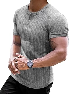 Men's Ribbed Henley Shirt Short Sleeve Slim Fit Muscle Shirt Fitted Cotton Casual Long Sleeve