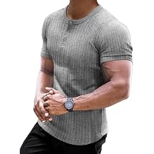 Muscle Cmdr Mens Ribbed Henley Shirt Short Sleeve Slim Fit Muscle Shirt Fitted Cotton Casual Long Sleeve
