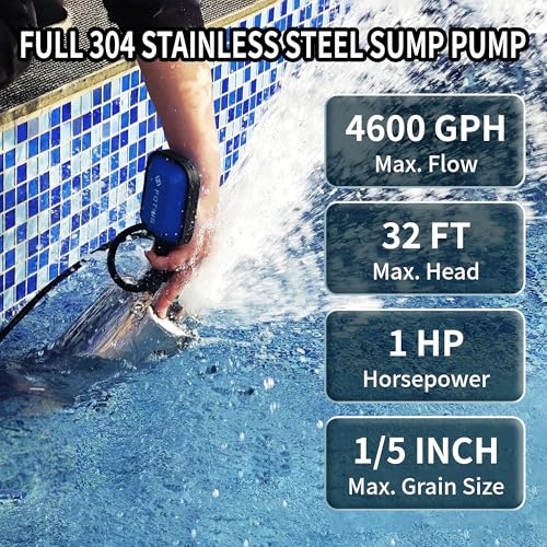 Image of FOTING Full 304 Stainless Steel Sump Pump with Float Switch - 1HP 4600GPH Automatic Submersible Water Pump Fast Water Removal in Pools, Basements, Sewage, Hot Tubs Heater Flush Pit, ponds w / 10FT Cord
