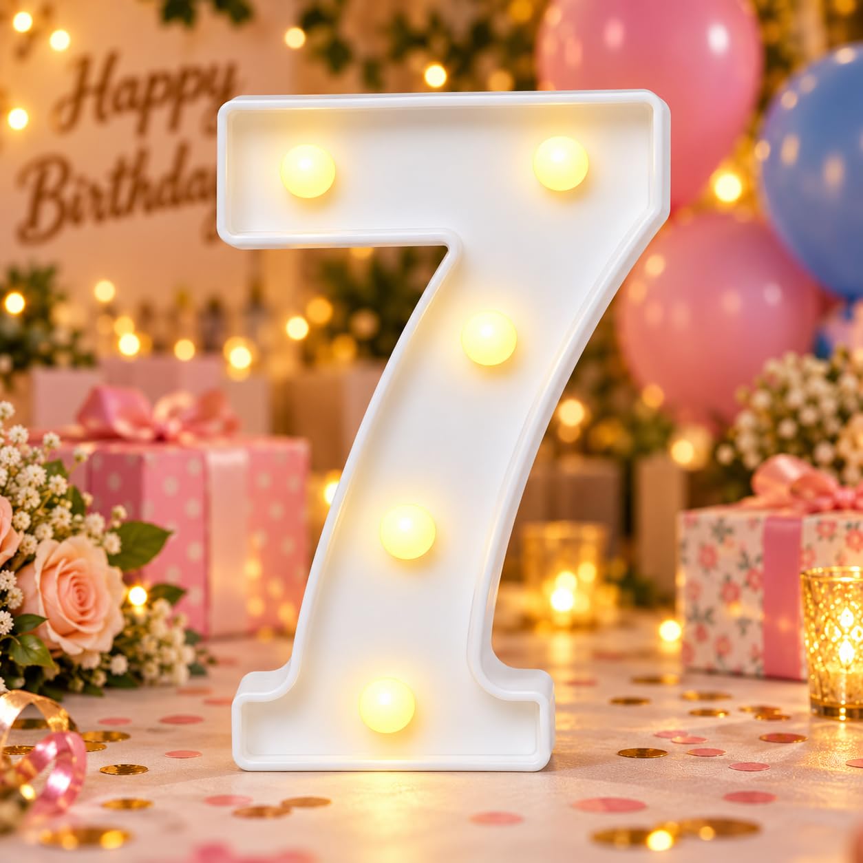 Light Up Number 7 for Birthday Decorations, Warm White LED Number Light