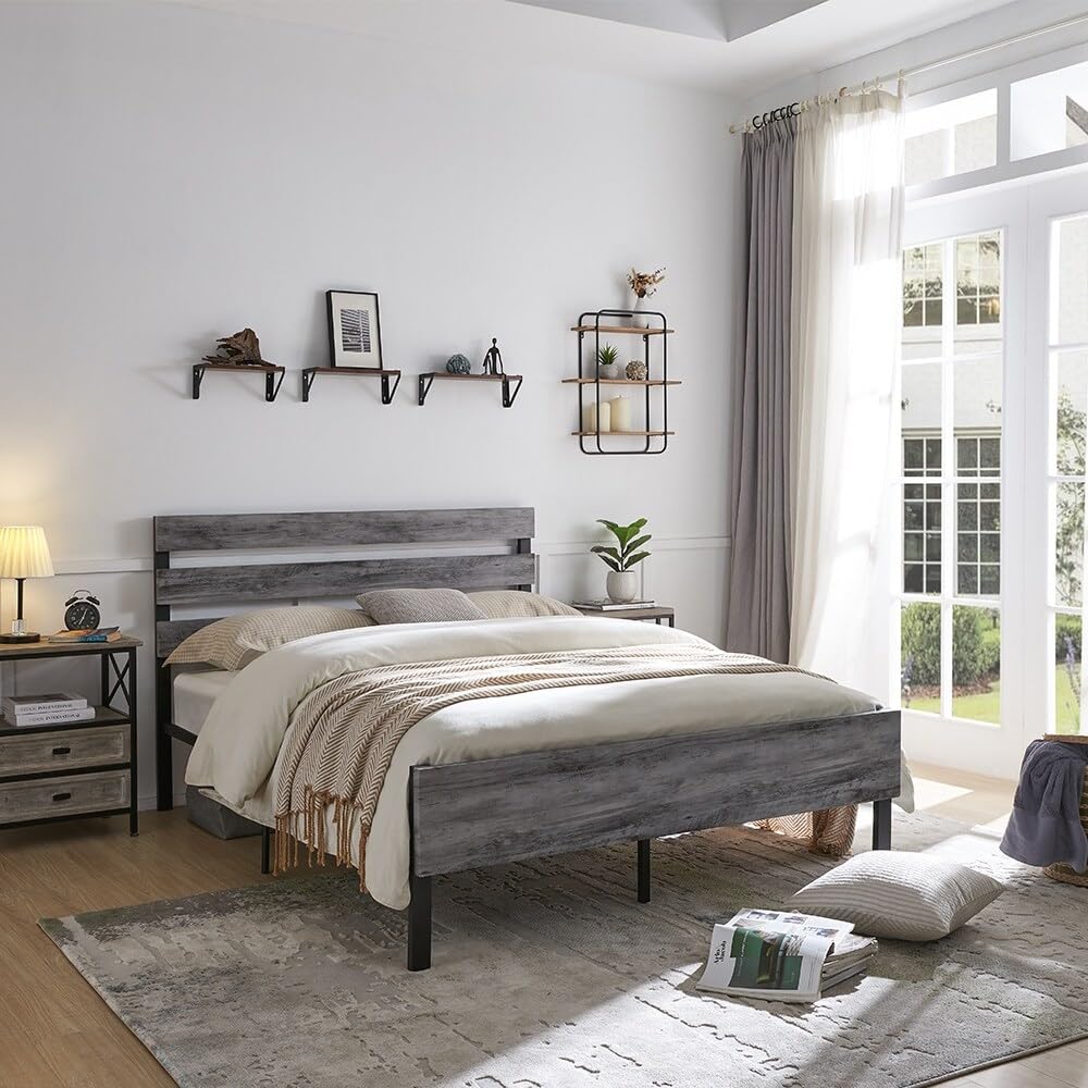 Overstock Metal and Solid Wood Platform Bed Frame with Headbord & Footboard, No Box Spring Needed Smoky Grey Grey Queen
