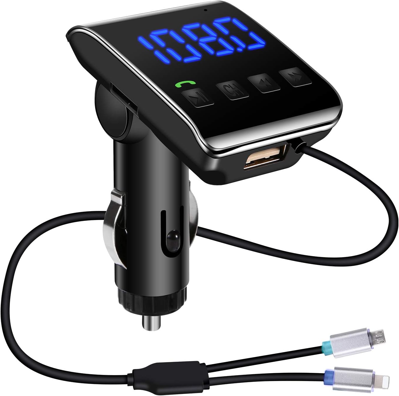 LUTU Bluetooth FM Transmitter for Car, Wireless Radio Adapter Car Kit with Fast Charging Cable 3.1A, Support TF Card Slot USB Flash Drive and Handsfree Calling (Silver)