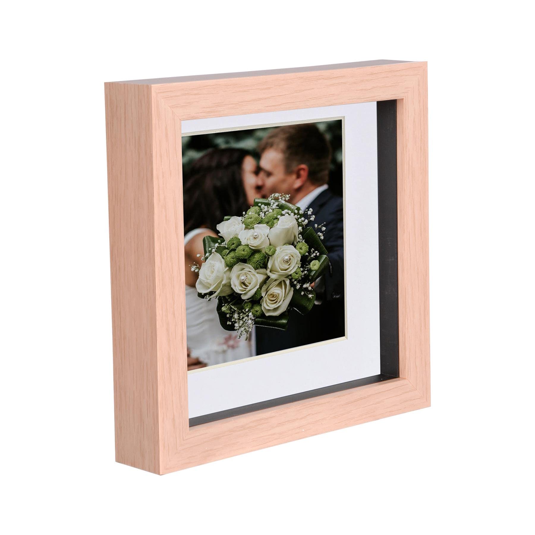 Nicola Spring Light Brown/White 1X 6 X 6 Inch 3D Box Wooden Photo Frame With 4 X 4 Inch Mount - Standing Hanging Craft Shadow Memory Picture Display Case For Flowers Crafts Art Medal