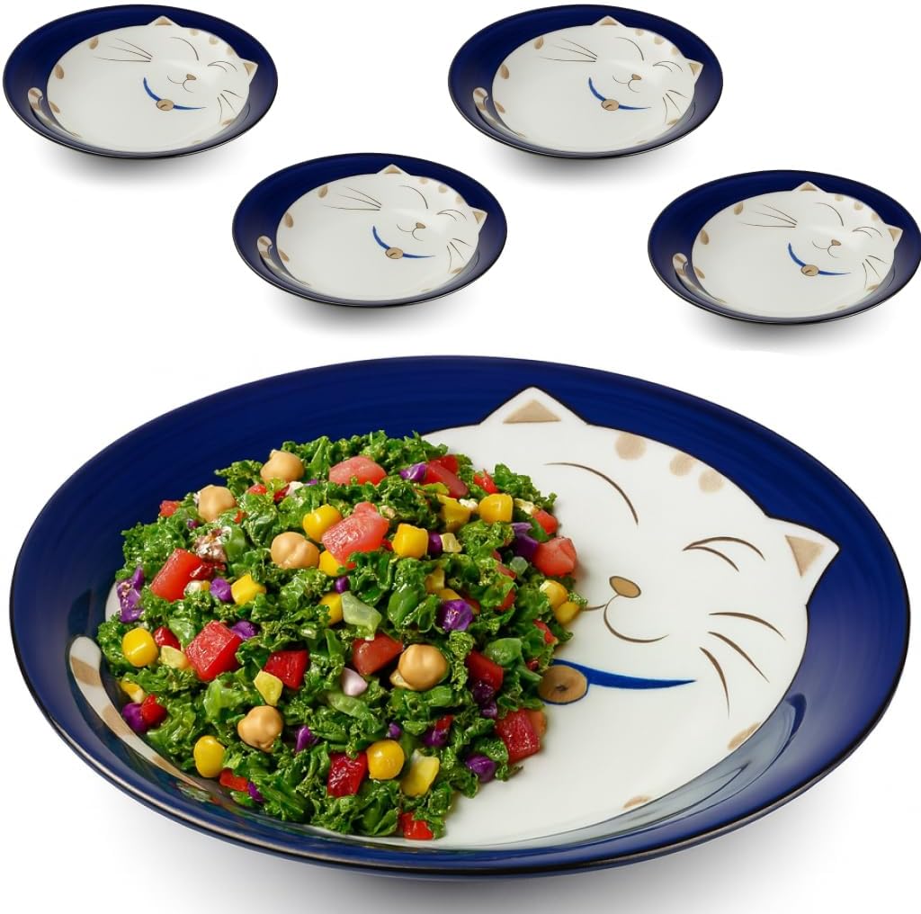 JapanBargain, Set of 4 Japanese Soup Bowls Shallow Porcelain Bowl for Curry Rice Cereal Poke Salad and Dessert, Maneki Neko Smiling Cat Pattern, Made in Japan, 8.5 inch, Blue Color