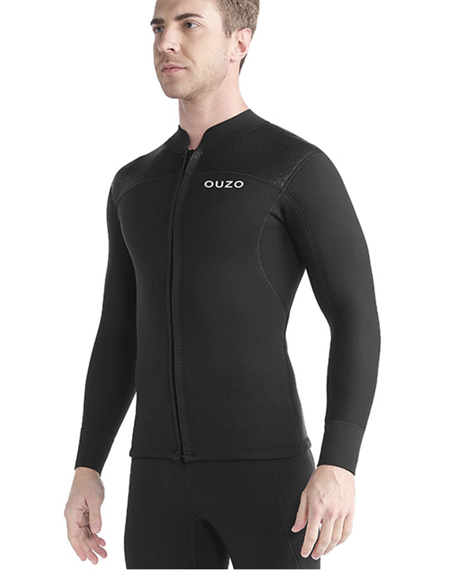 REIRQIE Wetsuit Top for Men,3MM Neoprene Wetsuits Jacket Keep Warm Front Zipper Long Sleeves Diving Suit for Scuba Surfing Snorkeling Swimming,Black,XL