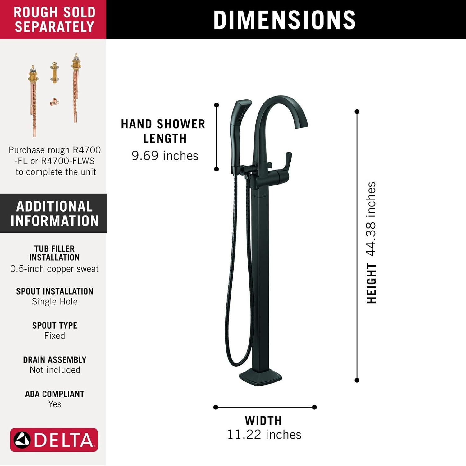 Delta Faucet T4777-BLFL Single Handle Tub Filler Trim Floor-Mount, Matte Black