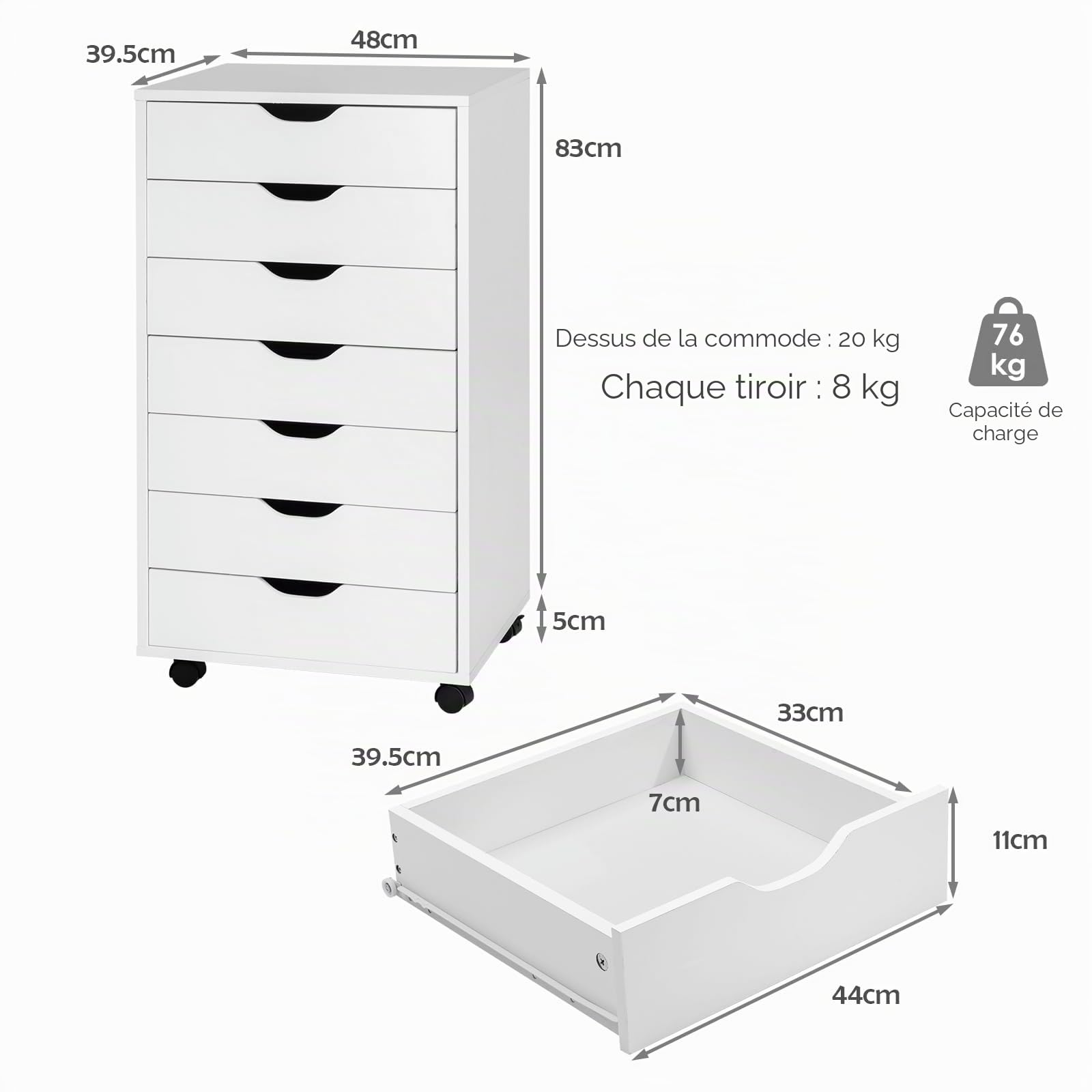 GIANTEX Caisson Bureau Mobile à 7 Tiroirs, Meuble Rangement Bureau à Roulettes Universelles, Meuble Tiroir pour Documents, Format A4 ou Lettres, Support d'Imprimante pour Chambre, Salon, Blanc