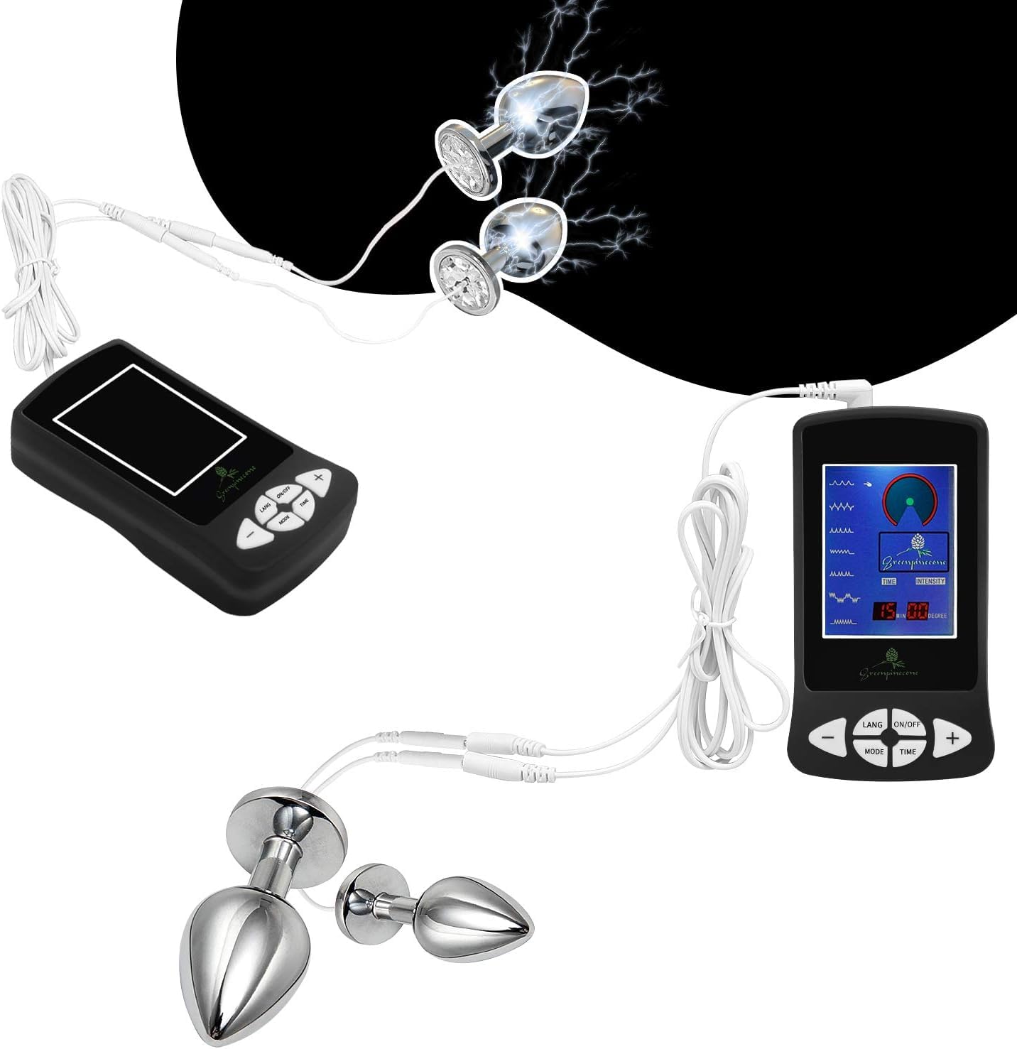 Set con coppia di eleganti plug anali elettrici da 32 mm e 25 mm, sex toy per elettrostimolazione, con 2 cock ring