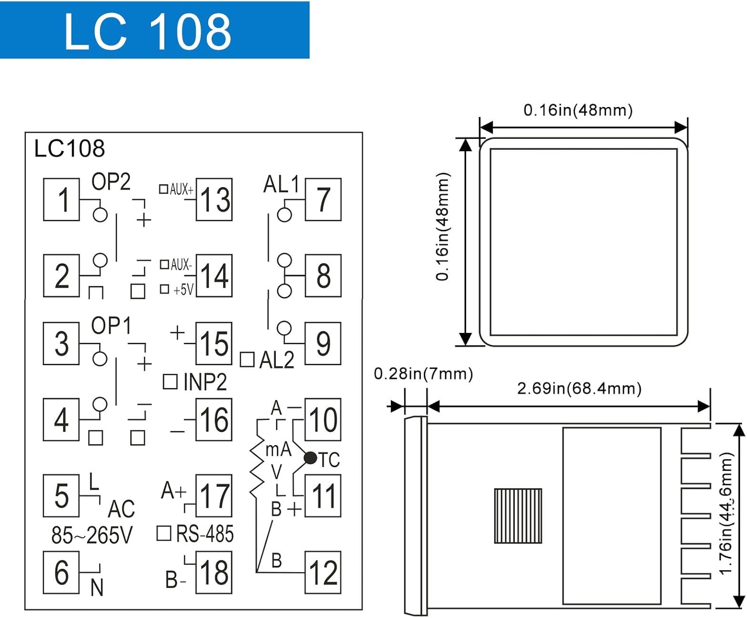 Dimensions and pinout diagram for the LC108 temperature controller
