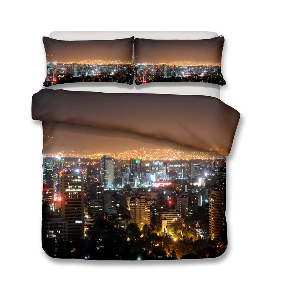 Andrui Bedding Set Double City Building Scape Design London, Paris or New York Night Dreams Duvet/Quilt Cover and Pillowcase Multicolor Bedroom Decorative Bed Set Zipper Closure Easy Care