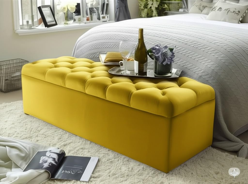 mm08enn Ottoman Storage Blanket Box in Soft Plush Fabric, Multiple Sizes 3ft, 4ft, 4ft6, 5ft and 6ft (Mustard, 4ft6)