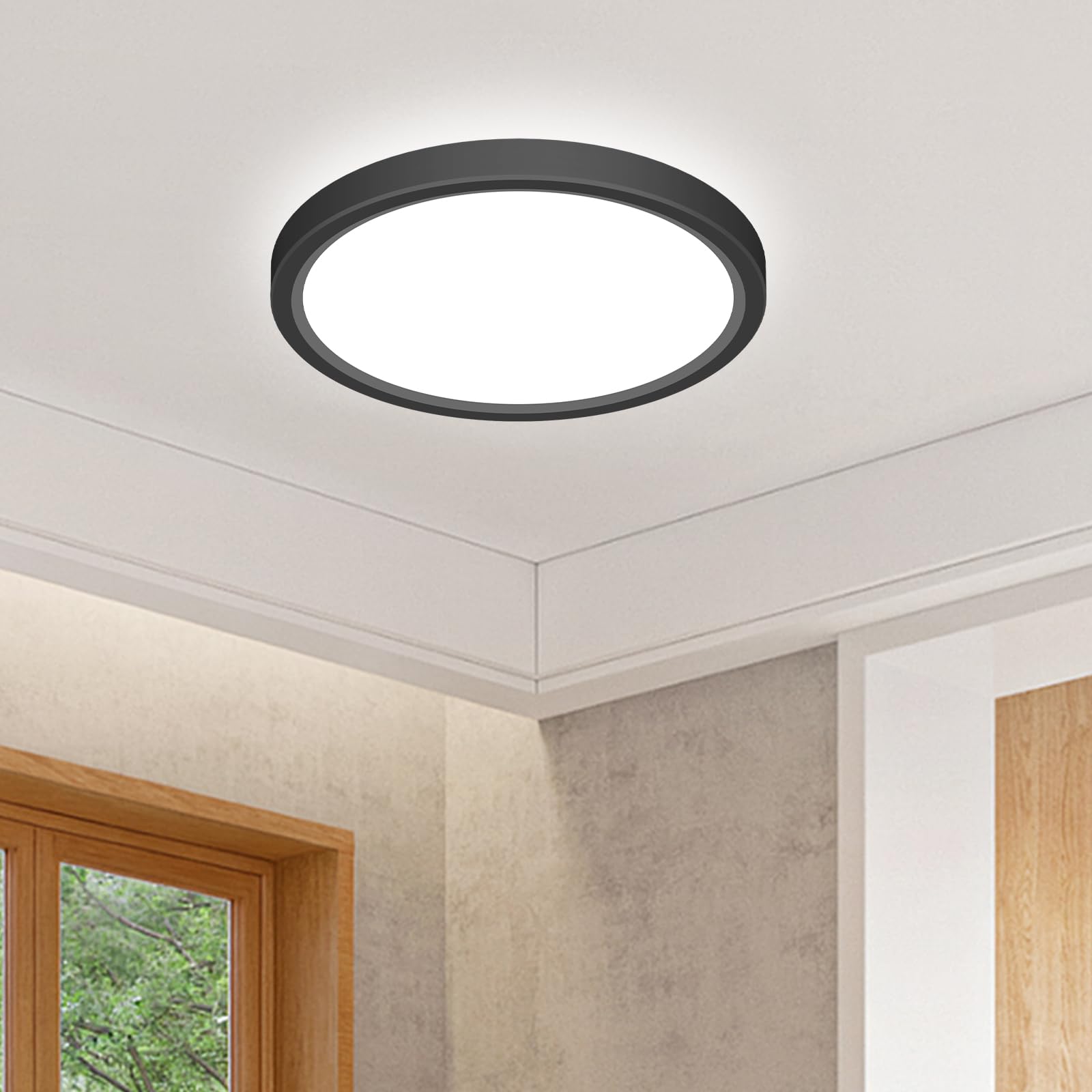 slochi LED Deckenleuchte, 3 Farben Deckenlampe 3000K/4000K/6500K, Rund Flach Badezimmer Lampe IP44 Wasserfest, 16CM 12W Schwarz Klein Badlampe Decke für Küche Flur Keller Bad Schlafzimmer