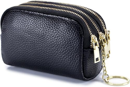 LINNO - Monedero de piel auténtica con 3 cremalleras, con triple capacidad de cambio, pequeño monedero de viaje con llavero para mujer, A-Negro