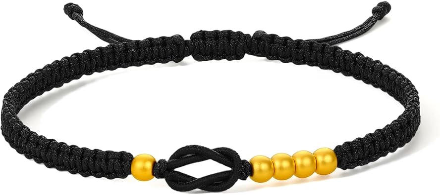 ZHOU LIU FU 24K 999 Solid Gold Bracelet Round Bead Gold Charm Black Braided Bracelet for Women Men Couple Lover Jewelrys Valentine Anniversary Birthday 7.1-9.4"