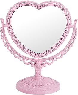 Pink Heart Mirror for Desk Cute Coquette Room Decor Small with Stand,Vanity & Bathroom Double-Sided Rotating Makeup Table Mirror