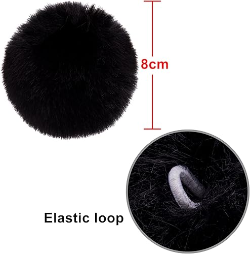 Miniatura 2 de BQTQ 26 pompones de piel sintética de conejo, pompones negros esponjosos con lazo elástico, bricolaje para sombreros, gorros, zapatos, bufandas,