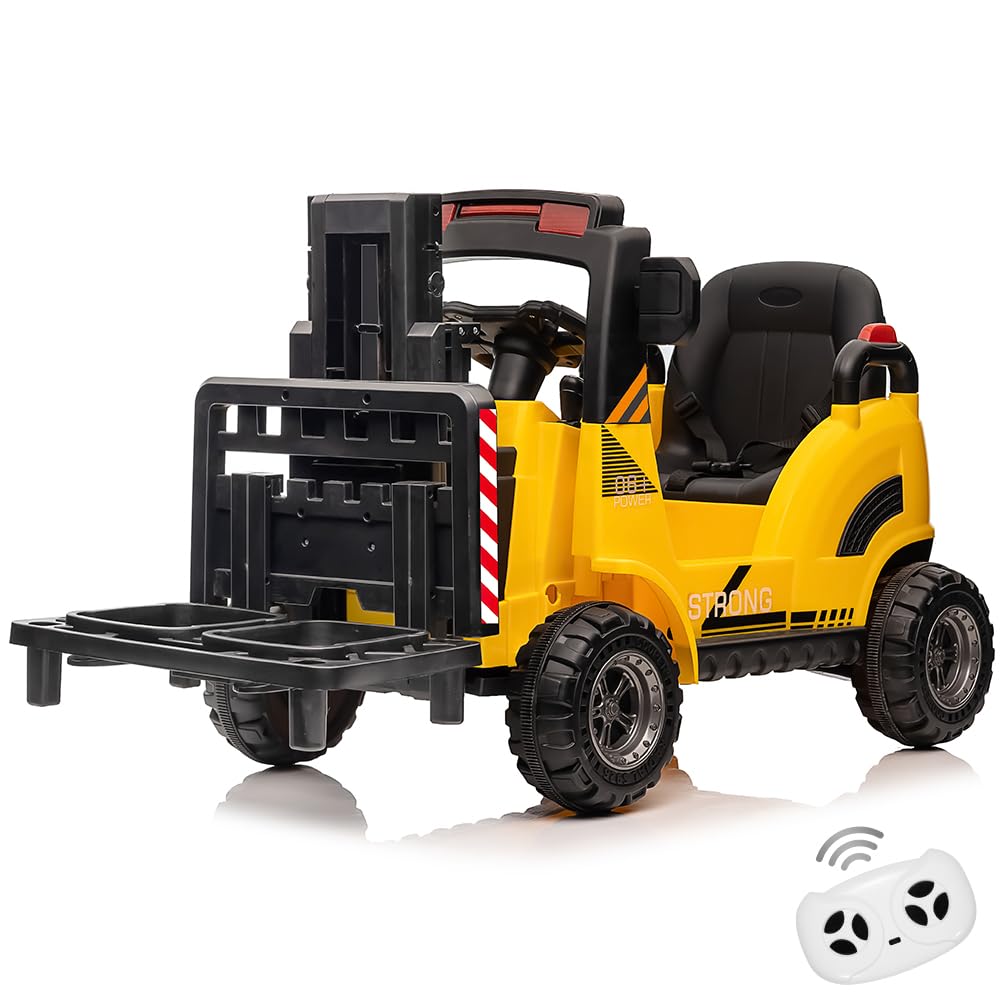 12V Ride On Forklift Car for Kids Electric Construction Car Toddlers Ride On Toy with Remote Control, Liftable Fork and Pallet, Low-Power Alarm, Music, Yellow