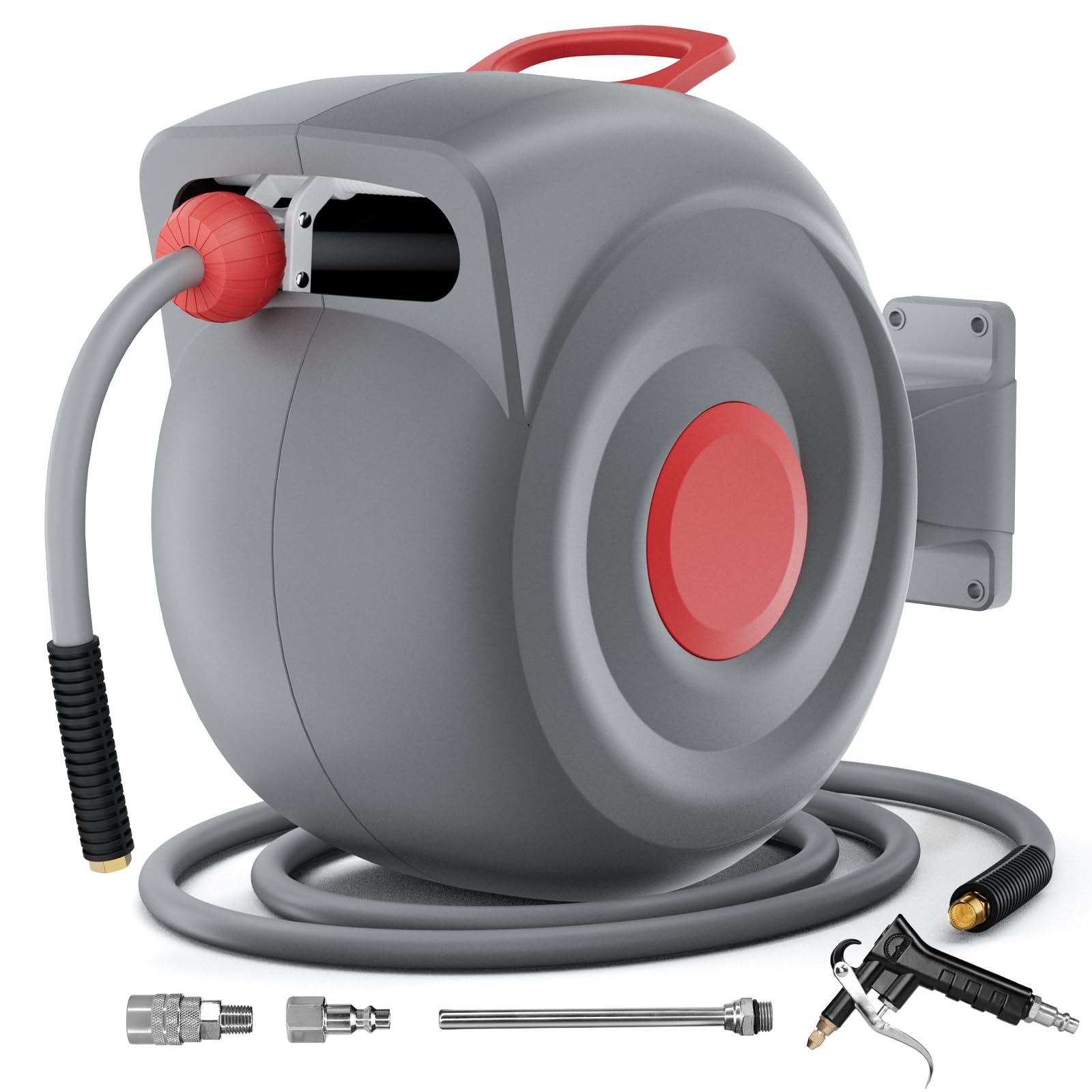 Retractable Air Hose Reel with Air Blow Gun, 3/8 In 65 ft Any Length Lock Air Compressor Hose Reel with Handle,180° Swivel Wall Mount for Garage