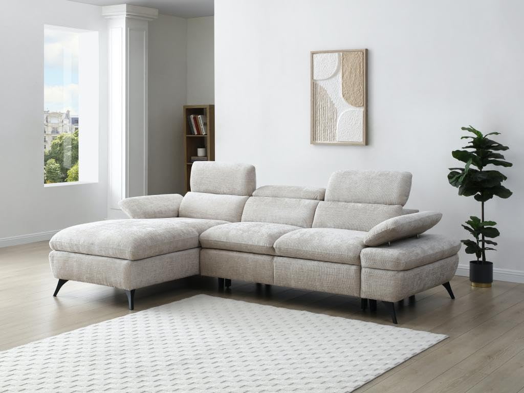 Vente-unique-Sofá Chaise Longue Izquierda de Tela Texturizada con almacenaje Beige MORAVA