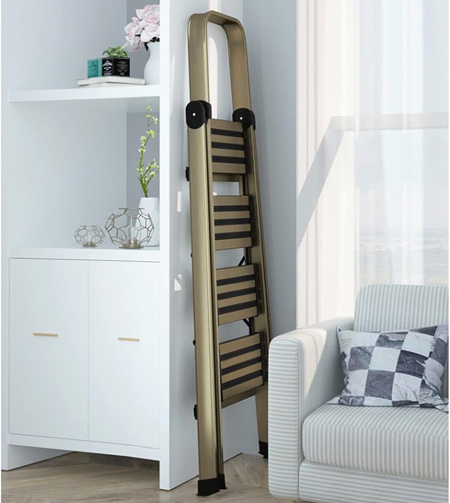 Stepladders 4 Step Ladder Lightweight Aluminum Folding Step Stool Stepladders with Anti-Slip Wide Pedal 5ft Ladders for Home and Kitchen Folding Stepladder (Gold)