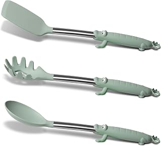 BONE Crocodile-Inspired Kitchen Utensils, Self-Standing Cute Cooking Tools | Fun Stainless Steel Utensils for Home Cooks, Heat-Resistant Silicone Handle, BPA-Free Spatula, Spoon & Pasta Server (3-Pack)