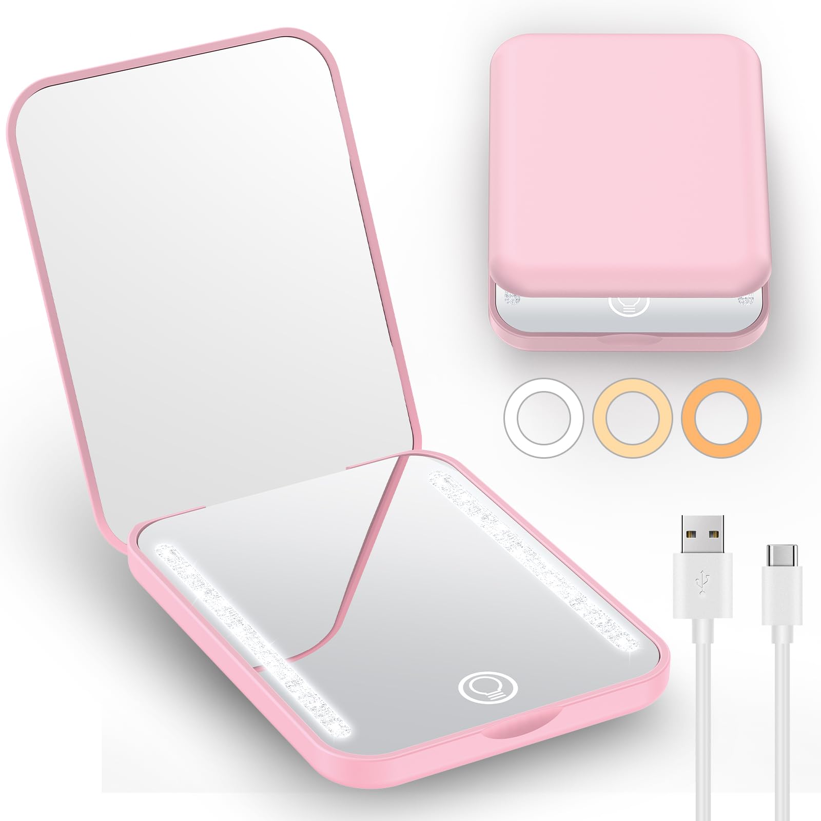 Gospire Mini espejo de maquillaje de viaje recargable con luces y aumento 1X/3X, espejo compacto LED con 3 colores de luz y brillo ajustable, pequeño espejo de tocador de mano para bolsos
