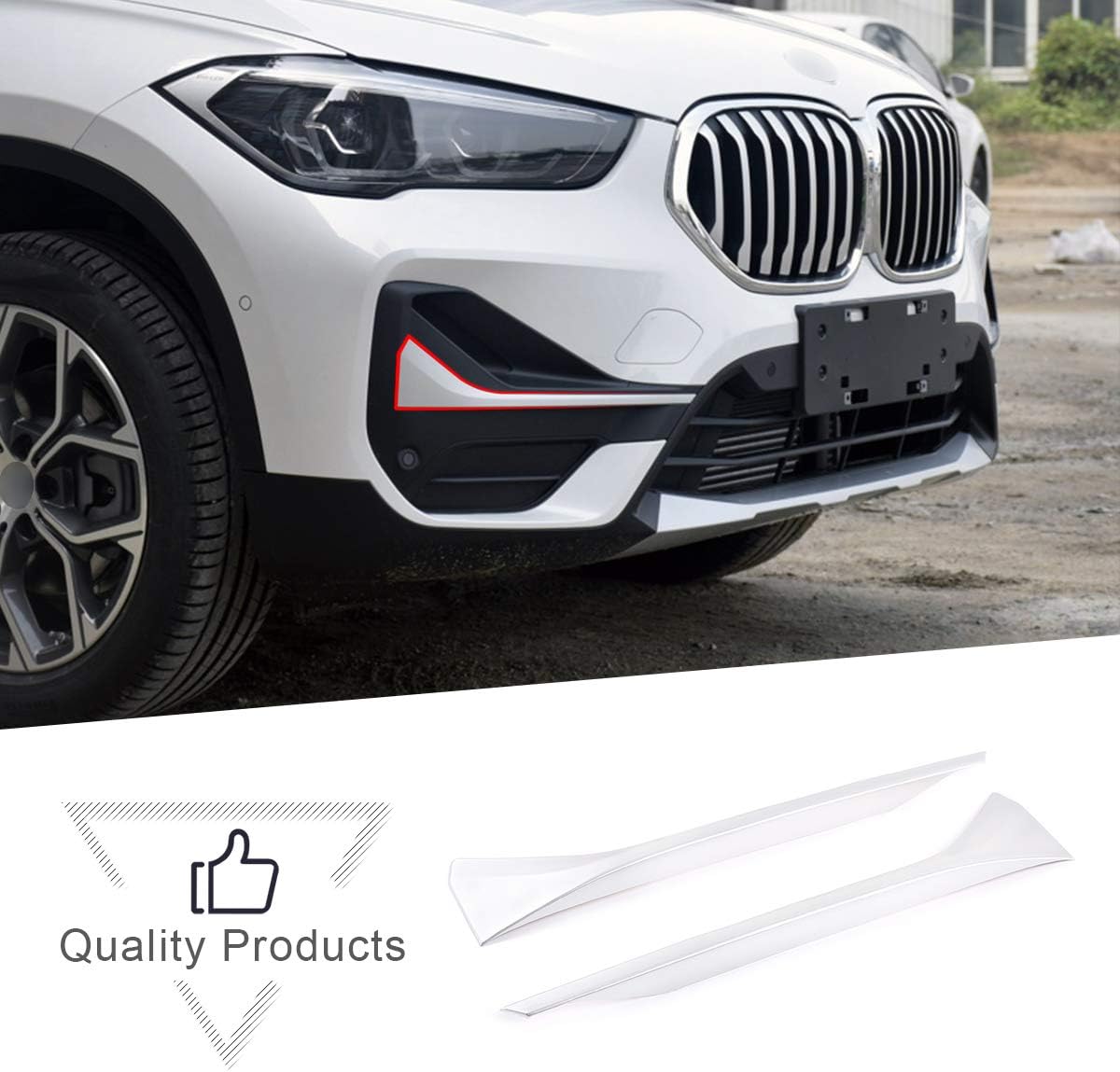 For BMW X1 F48 2016 2017 2018 2019 2020 ABS Silver Car Front Fog Light lampshade Cover and Strips Trim 2pcs Accessories (Silver, 2020 Year)