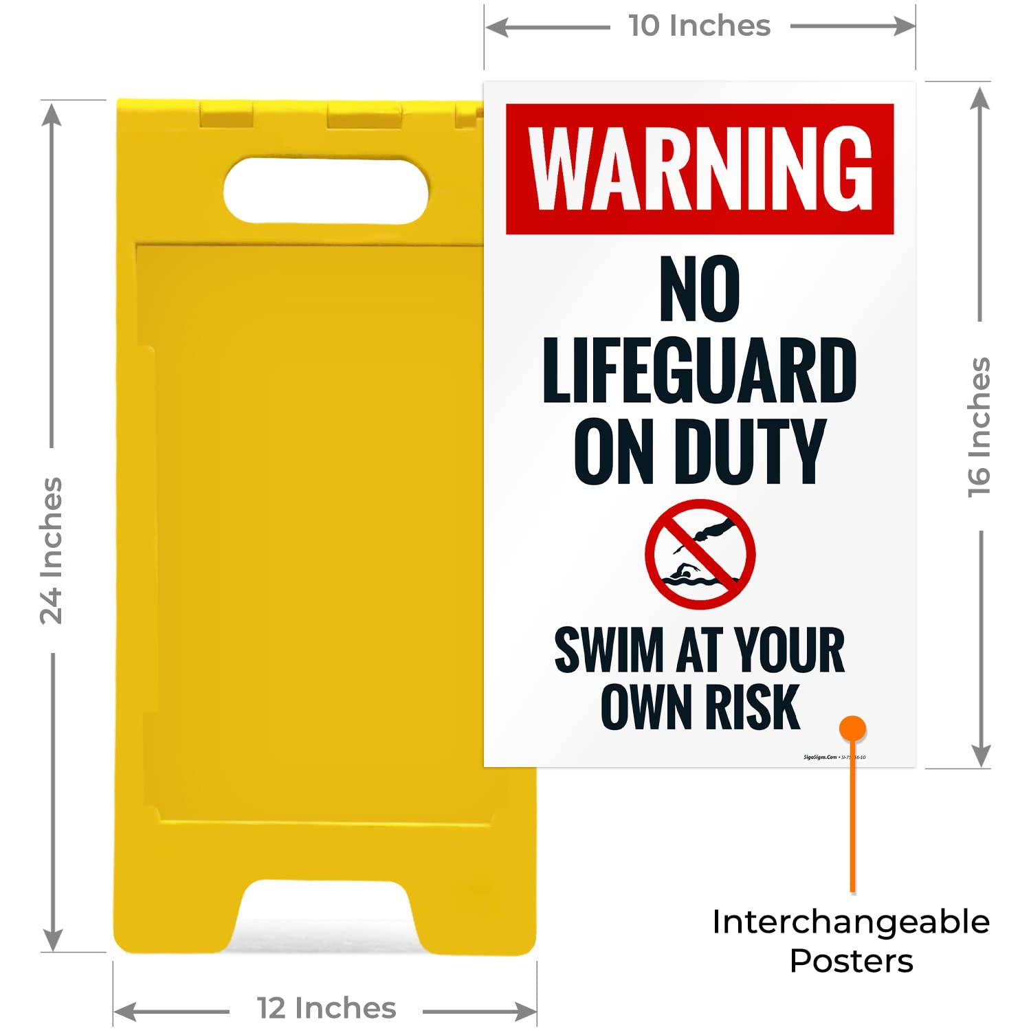 Warning No Lifeguard On Duty Swim at Your Own Risk with Graphic Folding Floor Sign, 10x16 Inches, with A Frame Stand, Made in USA by Sigo Signs