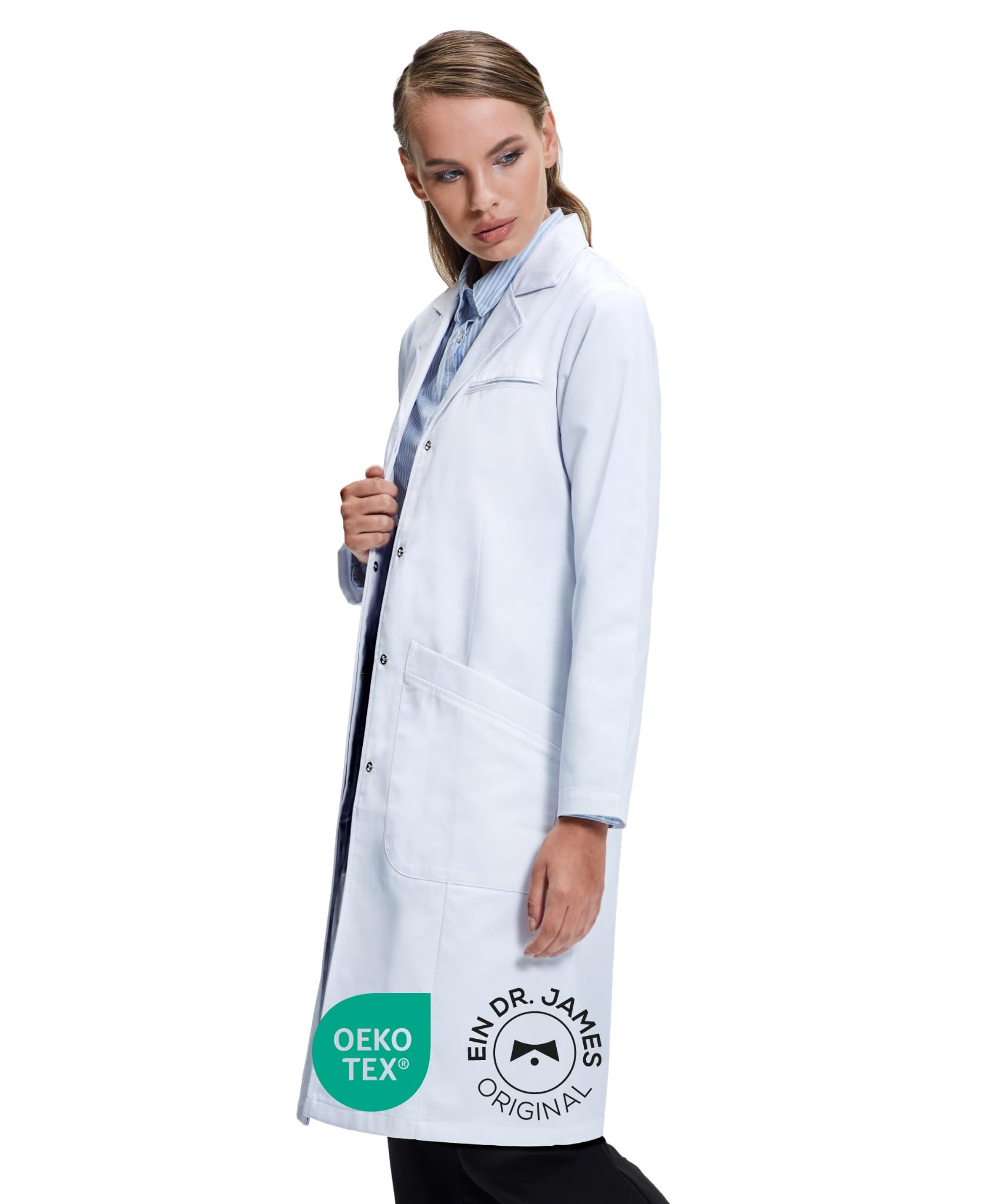 Dr. James Laborkittel Damen 100% Baumwolle, Klassischer Regular Fit Arztkittel mit verdeckten Druckknöpfen, 3 Taschen & 94 cm Länge, OEKO-TEX® zertifiziert, Weißer Medizin Kittel