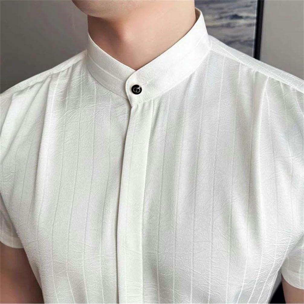 Male Chinese Style Embossed Short-Sleeved Shirt Striped Design Casual Single-Breasted Business T-Shirt