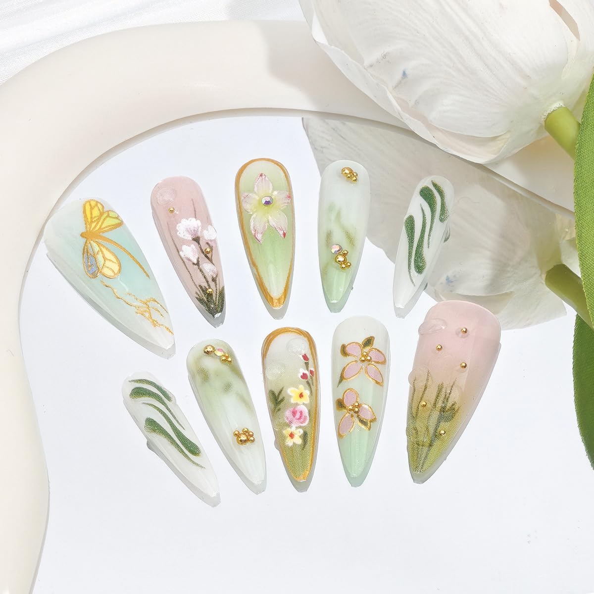 24Pcs Green Press on Nails Long Almond Fake Nails 3D Dragonfly Flowers with Rhinestones Glitter Designs Spring Summer False Nails Cute Stick on Nails for Women Acrylic Manicure Decorations Supplies