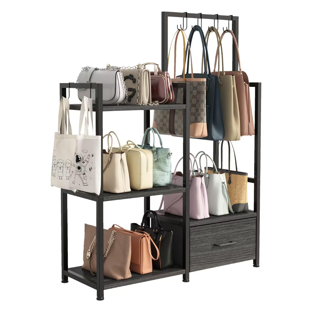 Organizador de bolsos – Estante de almacenamiento de 3 niveles con cajón extraíble y 6 ganchos, estante de alta capacidad, marco de metal con estantes de madera para armario/dormitorio (gris