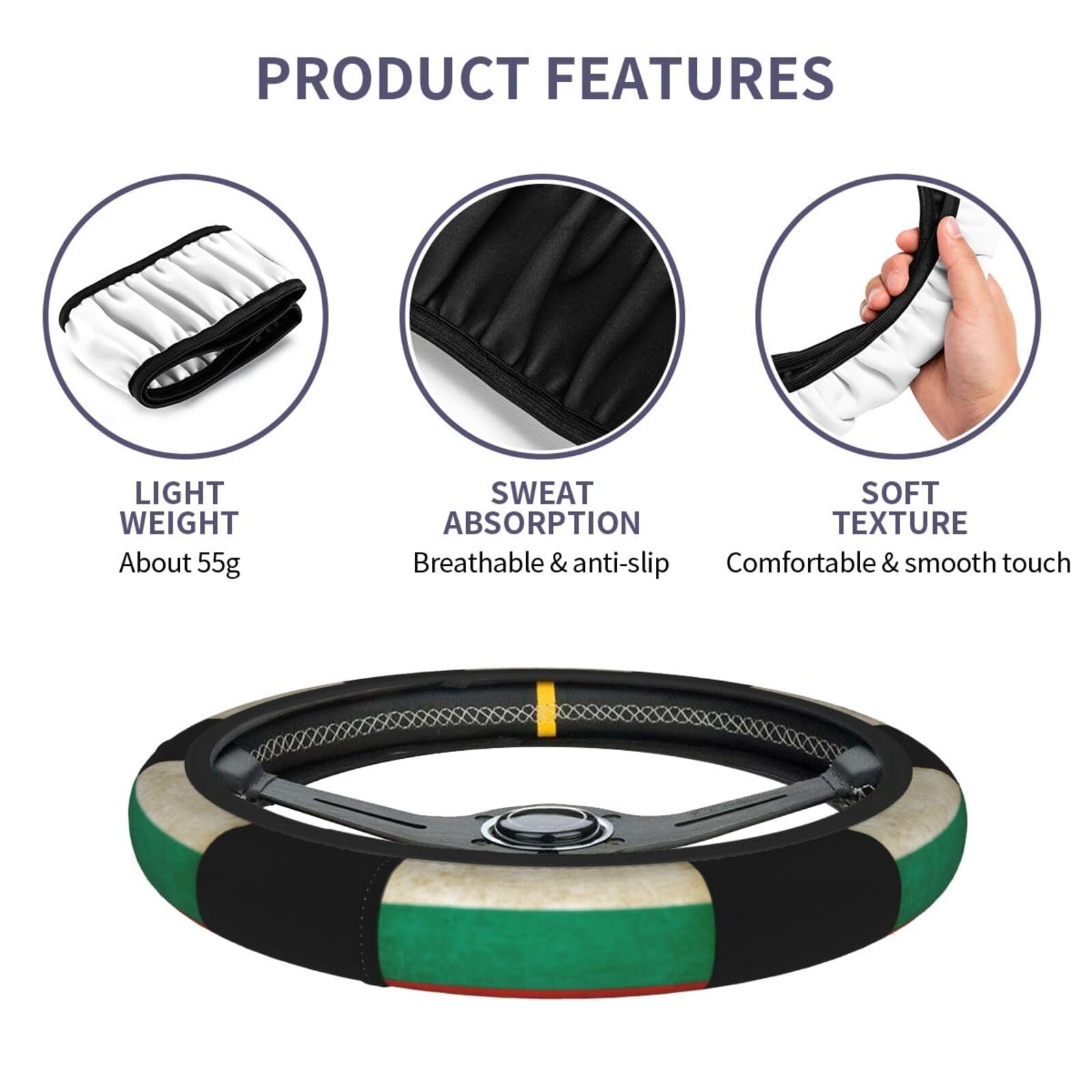 Vintage Bulgaria Bulgarian Flag Car Steering Wheel Covers,Soft Steering Wheel Protector for Women & Men,Universal 15 Inch Auto Car