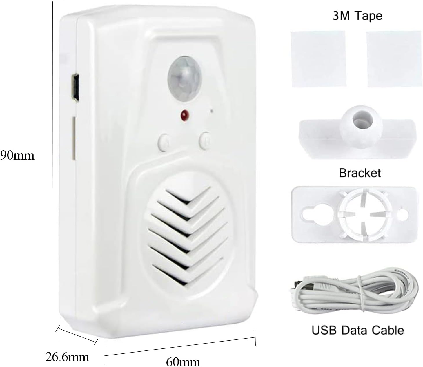 PIR Motion Sensor Activated Sound Player Speaker with USB Cable, Download Your own MP3 Audio Files to Play Speech, Music or Sound Effects (White—2 Pcs)