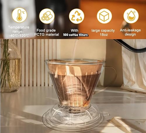 Miniatura 5 de Gotero de café con filtros de café, cafetera de goteo para verter más de 100 filtros de café, grande, 18 onzas, sin BPA